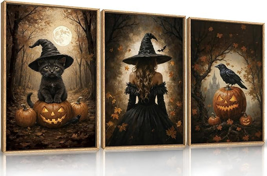 HOURIA Large Halloween Spooky Witch Black Cat Raven Framed Canvas Wall Art Set,Witchy Hat Pumpkin Wall Decor,Full Moon Autumn Forest Artwork,Dark Castle Art Prints for Living Room, Bedroom-24 x36 x3