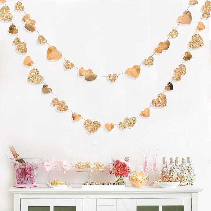 40Ft Champagne Gold Heart Banner Double Sided Paper Garland Heart Hanging Streamer for Wedding Birthday Anniversary Bachelorette Engagement Bridal Baby Shower Valentines Hen Christmas Party Decoration