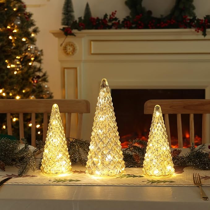 Christmas Decorations Indoor, YEAHOME Set of 3 Pre-lit Gold Glass Christmas Tree for Home Decor, Christmas Table Decorations Lighted Xmas Tree with Timer for Living Room Mantel Tabletop Party