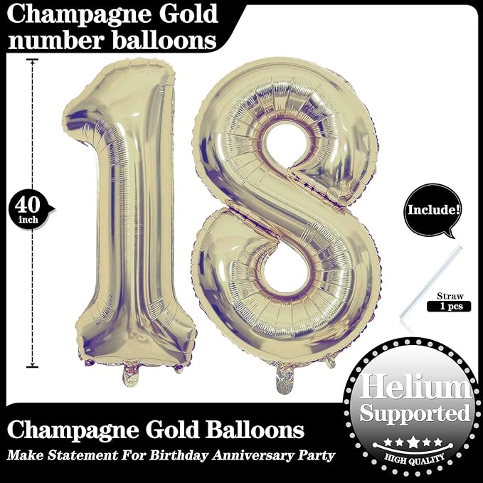 Champagne Gold 18 Number Balloons, 40 Inch Giant Number 18 Balloons Foil Mylar Helium Light Gold Number Balloons for 18th Birthday Party Supplies Anniversary Event Celebration Decorations