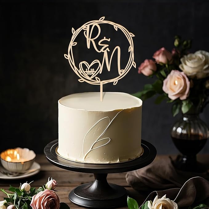 Wedding Cake Topper Personalized Bride and Groom's Initials and date Custom Cake Decoration Leaf Wreath in Wood