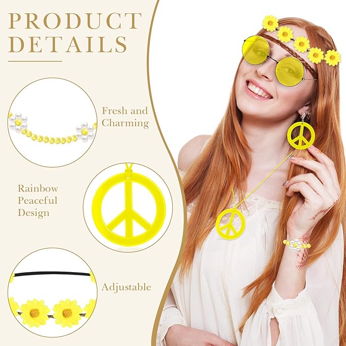 Batiyeer 6 Pcs Hippie Costume Accessories Set, Boho Peace Sign Daisy Flower 60s 70s Party Favors Decor for Groovy Party Women(Yellow)