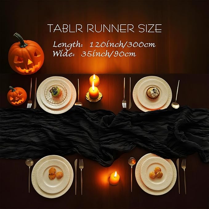 IVAPUPU 6 Pcs Cheesecloth Halloween Table Runner - 10ft Black Boho Gauze Black Cheese Cloth Table Runners for Halloween Decor Indoor Baby Shower Decoration Wedding Party Summer Garden Farmhouse