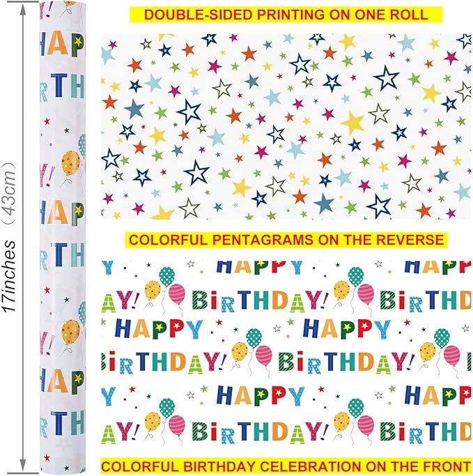 Reversible Birthday Wrapping Paper Roll for Boys Girls Kids - Mini Roll - 17 Inches X 33 Feet - Colorful Happy Birthday Lettering Balloon and Stars Design for Boy Girls Kids