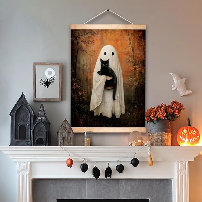 Rustic Ghost and Black Cat Wall Art 18.5x14 Inch,Fun Ghost Linen Canvas Wall Hanging Poster Decor, Retro Gothic Haunted House Theme Wall Poster for Library Reading Corner,Halloween Decorations (BLK05)