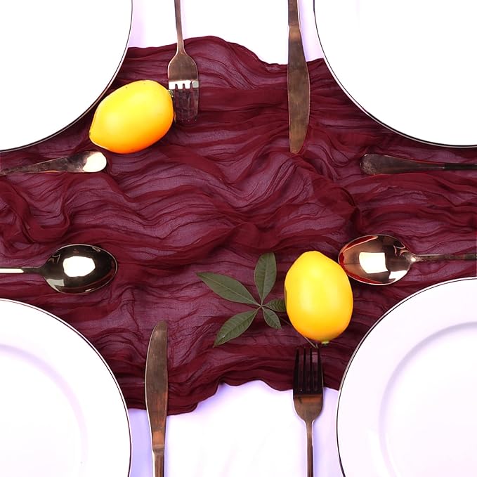 12 Pack Burgundy Cheesecloth Table Runner 10FT Boho Gauze Cheese Cloth Fabric 35 x 120 Inch Rustic Sheer for Christmas Fall Thanksgiving Centerpiece Wedding Decor Baby Shower Party Decoration