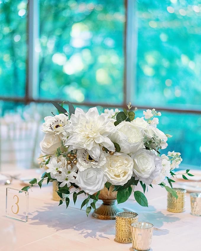 White Rose Artificial Flowers Fake Flower Bulk with Stems for DIY Wedding Bouquet Bridal Baby Shower Centerpiece Table Decorations Silk Faux Floral Arrangements for Party Home Decor Indoor