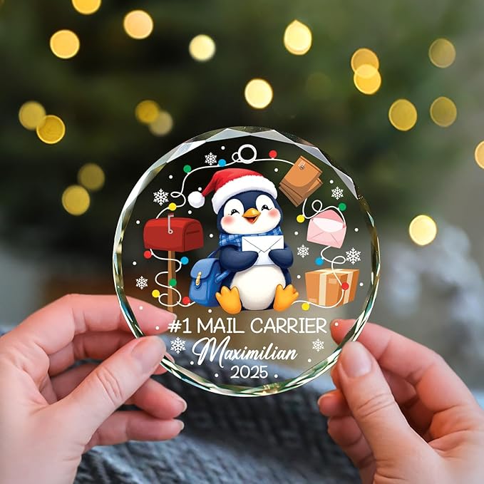 Personalized #1 Mail Carrier Christmas Glass Ornament, Best Mail Carrier Ever Ornament for Xmas Tree Decor, Custom Name Mailman Penguin Ornaments Xmas 2025, Postal Worker Christmas Keepsake Gift