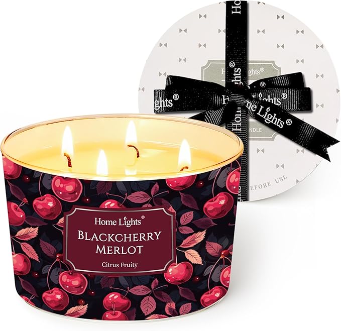 HomeLights Soy Wax Candles for Home Scented, 4-Wick Candles in Blackcherry Merlot Scented, Aromatherapy Candles Gift for Parties, Relaxing, Eclectic Mixed Styles, 18oz