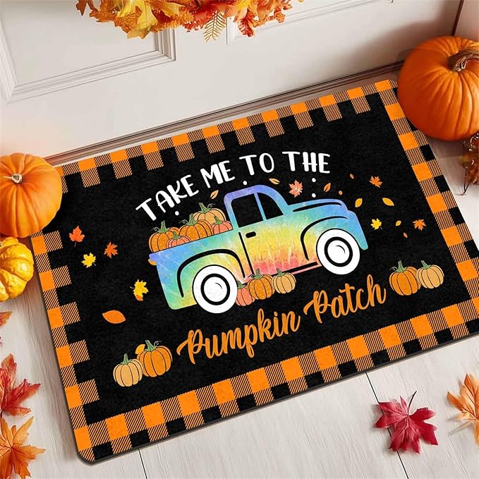Thanksgiving Door Mat Fall Welcome Mat for Front Door, Autumn Pumpkins with Truck Buffalo Plaid Seasonal Non Slip Doormat for Entrance Entryway Outside Thanksgiving Farmhouse Decor, 24"x16"inch