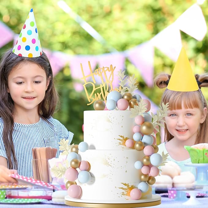 MIAHART Ball Cake Toppers Boho Grass Cake Topper Ball Cake Insert Decoration for Birthday Wedding Baby Shower Party Decorations Boho Themed Party Supplies (light blue，gold，light pink)