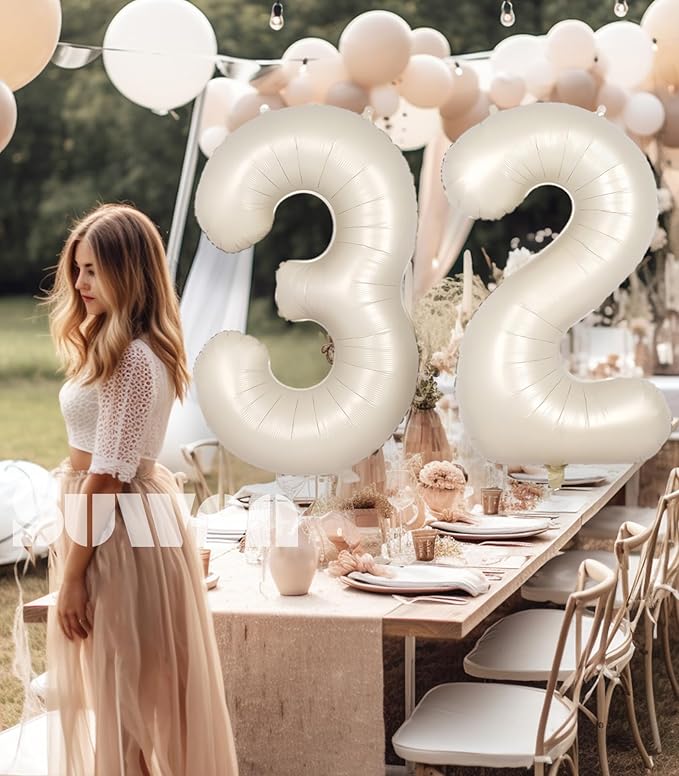 SUWEN 40 Inch Large Cream White 32 Balloon Numbers Big Foil Helium Number Balloons 0-9 Jumbo Happy 32nd Mylar Birthday Party Decorations for Women or men 23 Anniversary Party Supplies