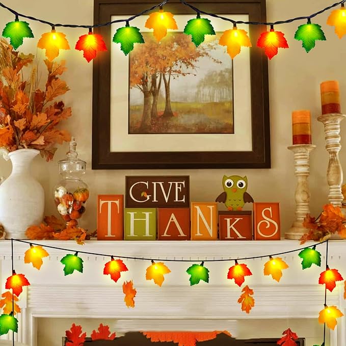 Fall Maple Leaf String, 8.5FT Outdoor Fall Lights with 10 LED Multicolor Maple Leaves Light Plug in Fall String Lights for Autumn Home, Kitchen, Table, Home, Mantel and Thanksgiving Decorcoration