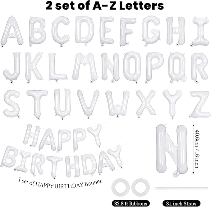 65 Pcs White Happy Birthday Balloons and 2 Sets A-Z Letters Foil Balloons, 16 Inch Personalized Name Happy Birthday Banners for Wedding Baby Shower Anniversary Party Decorations (White)