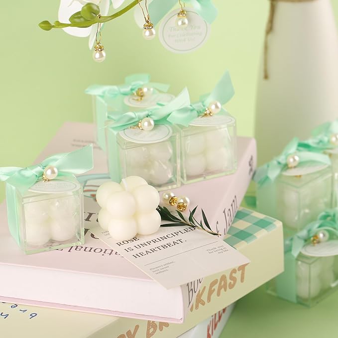 20 Pcs Small Bubble Candles Elegant Party Favors Bulk Set with Decorative Ribbons Thank You Cards for Bridal Shower Guest Gifts (20, Green)