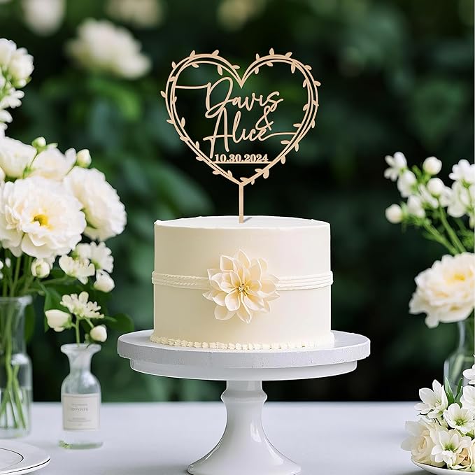 Custom Names and Date Wedding Cake Topper Pesonalized Wedding Anniversary Cake Decoration Heart Wreath Design in Plain & Metallic Finish Wood