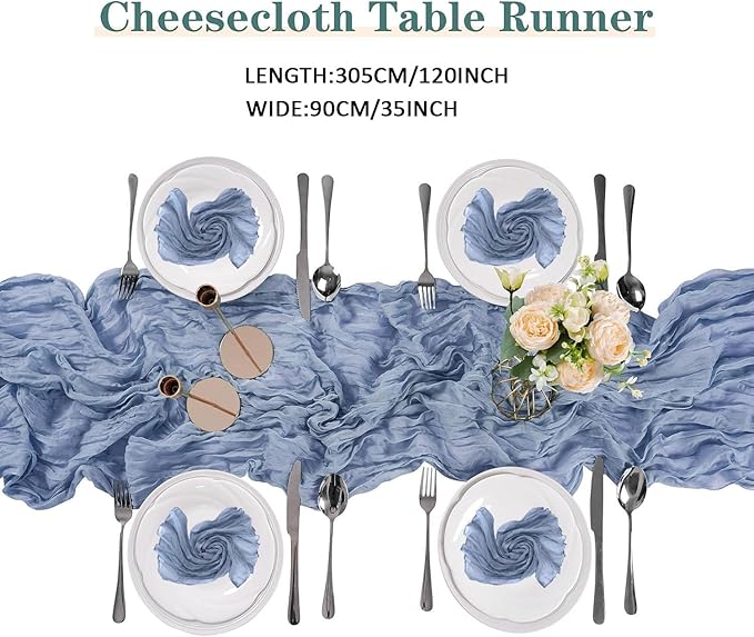 20PCS Dusty Blue Cheesecloth Table Runner 10ft Boho Gauze Fabric Cheese Cloth Table Runner Comes with 20 Cloth Napkins Runner for Romantic Wedding Birthday Shower Party Table Decoration