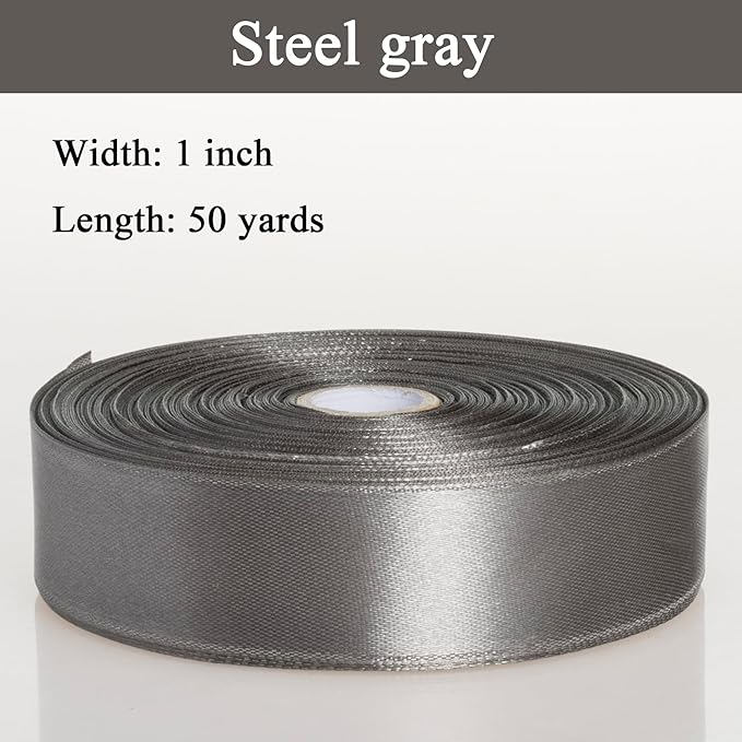 1 Inch Steel Gray Solid Satin Ribbon, 50 Yards Craft Fabric Ribbon for Gift Wrapping Floral Bouquets Wedding Party Decoration
