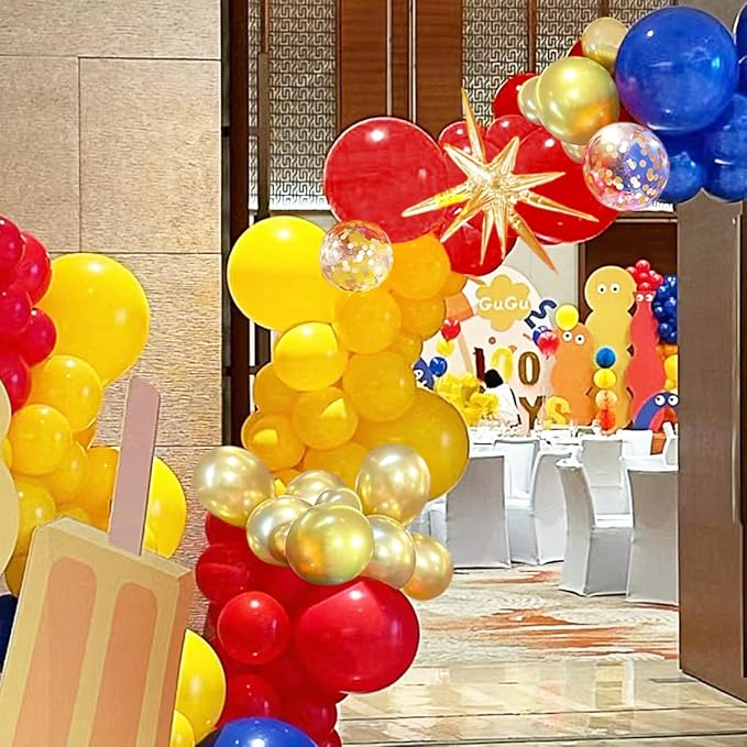 Blue Yellow Red and Gold Balloon Arch Kit, 156Pcs Latex Baloons Garland with 4D Star Balloons for Baby Shower Anniversary Birthday Wedding Graduation Office Party