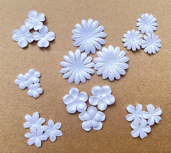 100 Pcs Handmade Mulberry Paper Flowers 3 mm - 1.5 Inch Scrapbooking Wedding DIY Craft Supplies Card. (Mixed White Flowers)