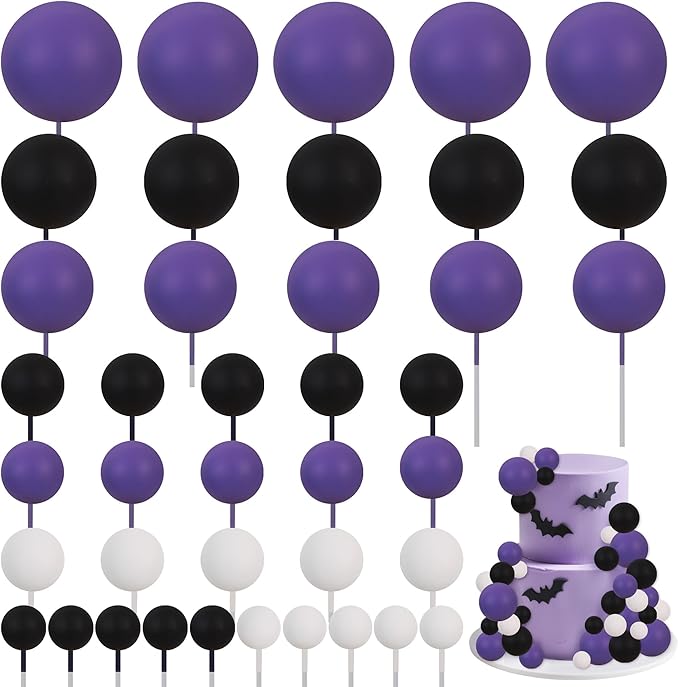 BEISHIDA 40 pcs Foam Ball Halloween Cake Toppers with Sticks Perfect for Halloween Cake Decorations Birthday Party Wednesday Theme Cake Decoration(Black, White, Purple)