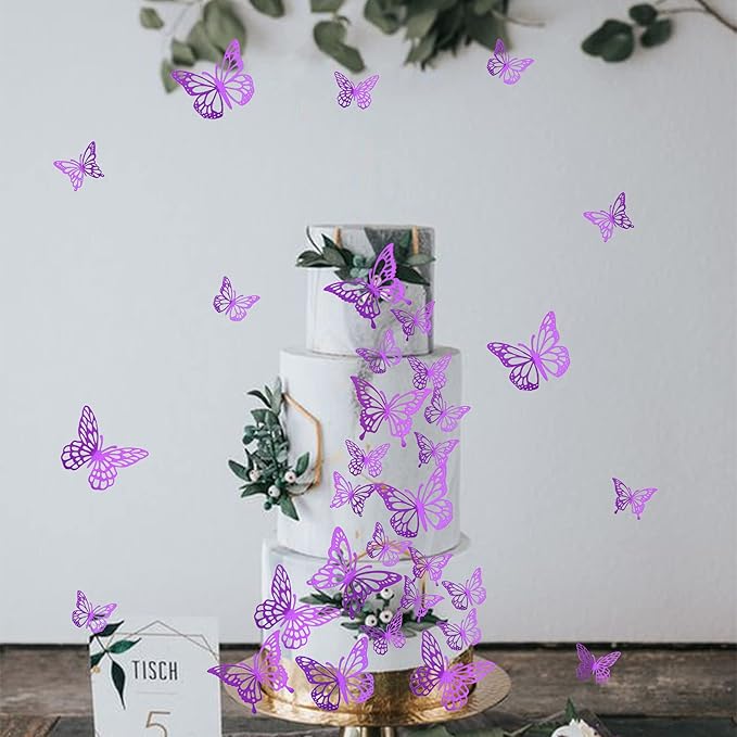 40 PCS Deep Purple Laser 3D Butterfly Cupcake Toppers - Hollow Arts Cake Decorations for Baby Shower, Wedding, Fairy Birthday Party Supplies - Wall Sticker Decoration Mixed Styles