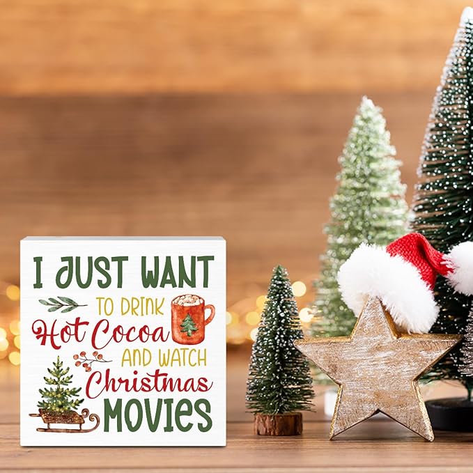 Christmas kitchen Coffee Decor Xmas Lets Bake Stuff Drink Hot COCOA & Watch Christmas Movies Sign for Holiday Kitchen Home Coffee Party Decoration 5 X 5 Inch