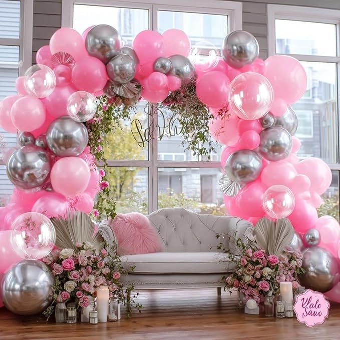 Pink Silver Balloon Garland Double Stuffed Light Pink Balloon Arch Kit with Clear Bobo Balloons for Birthday Baby Shower Wedding Bridal Shower Princess Party Decorations
