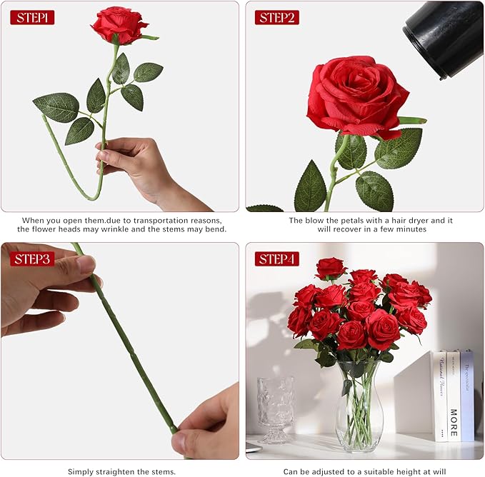 Tifuly 100 Pcs Red Roses Artificial Flowers Bulk, Realistic Long Stem Fake Silk Roses Bouquet for Wedding Centerpiece Table Vases Party Home Kitchen Decor