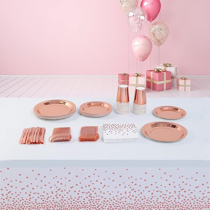 Rose Gold Dot and White Tablecloth 108"x54" for Parties Rectangle Table 4 Packs, Dot Confetti Rectangular Plastic Table Cover,Thanksgiving Christmas Wedding, Anniversary,Baby Shower, Birthday Party