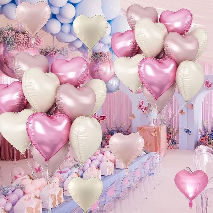 Pink White Heart Balloons, 12PCS Baby Pink Cream Heart Foil Balloons, Pastel Pink Light Pink White Heart Shaped Mylar Balloons for Girls Women Birthday Baby Shower Wedding Valentine's Party Decoration