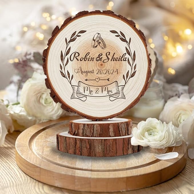 Personalized Rustic Wedding Cake Topper Wood Boho Custom Wedding Cake Toppers Mr Mrs, Wooden Slice Groom and Bride Gifts Decorations, Country Style Anniversary Party Supplies in Wood