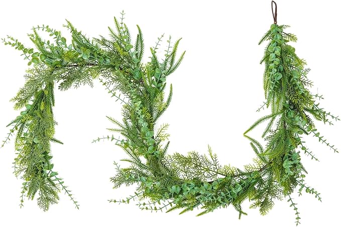 Realistic Christmas Garland for Mantle 6FT Real Touch Thick/Lush Artificial Cedar Garlands Christmas Decorations for Stairs Railing Outdoor Fireplace Table Xmas Holiday Decor(Eucalyptus Cedar, 6 FT)