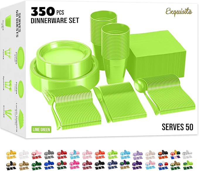 Party Solids 350 Pieces Lime Green Plastic Plates For Party, Lime Green Disposable Plates Set, 50 Of Each 9" Dinner Plate Set, 7" Dessert Plate, Cups, Napkins & Cutlery Plastic Dinnerware
