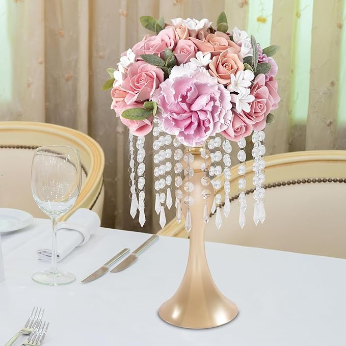 Wedding Centerpieces Gold Vases,10PCS Metal Flower Candle Holder with Sparkling Crystal Beads,Crystal Flower Vase Metal Flowers Stand for Party Tables Decorations