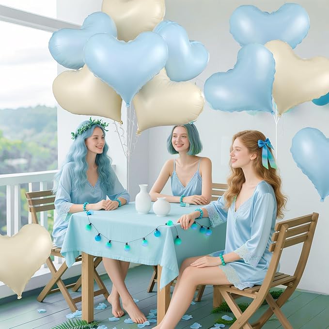 Blue White Heart Balloons,24Inch Large Cream White Heart Foil Balloons for Valentine's Day Birthday Baby Shower Anniversary Party Decorations