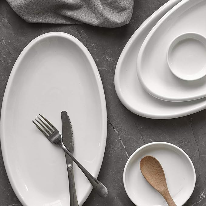 DOWAN 14" Serving Platters for Entertaining, Oval White Serving Plates, Party Serving Trays and Platters Oven Safe, Porcelain Dinner Serving Tray Serving Dishes for Meat, Set of 2