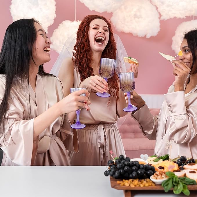 48 Pcs Plastic Purple Wine Drinking Glasses, Plastic Water Goblets Purple Vintage Reusable Drinkware Vintage Champagne glassware for Wedding Reception Grand Event Party, 7oz