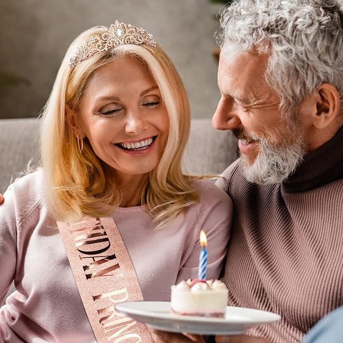 CIEHER Princess Crown and Birthday Sash Set - Tiara for Women, Girls Birthday Decorations and Gifts - Rose Gold