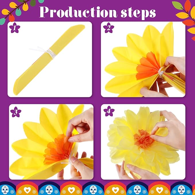 Geyee 36 Pcs Mexican Paper Flowers Colorful Fiesta Tissue Paper Flowers Pom Poms Mexican Carnival for Floral Party Backdrop Wedding Birthday Party Craft (6" 8" 10")