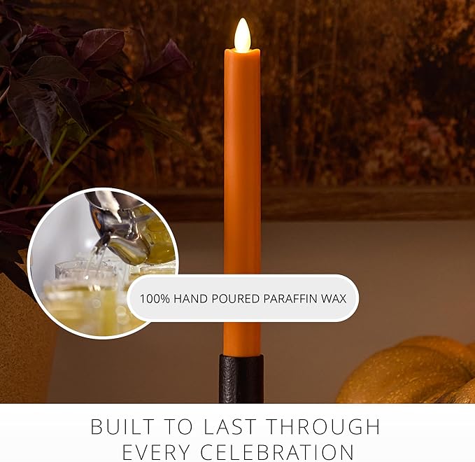 Luminara Taper, 1" x 9.5" AA Battery Wax Flameless Candle w/Timer, Remote Available Russet Orange Flickering White LED Light Flame, Home Decor for Halloween Fall Indoor Candlestick Decoration