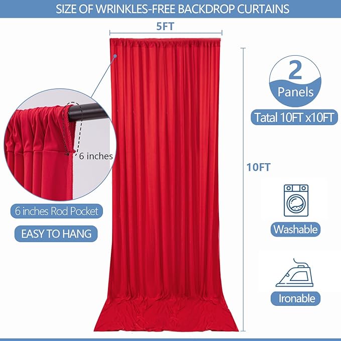 10x10ft Wrinkle Free Red Backdrop Curtain for Parties Soft Fabric Drapes Wedding Red Curtain Backdrop for Birthday Party Decorations Background for Photography 5x10ft, 2 Panels