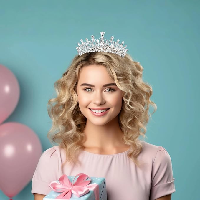 Schmoopy Tiara Crown for Women, Crystal Tiara for Bridal Prom Queen Birthday Birthday Party (B-Silver)