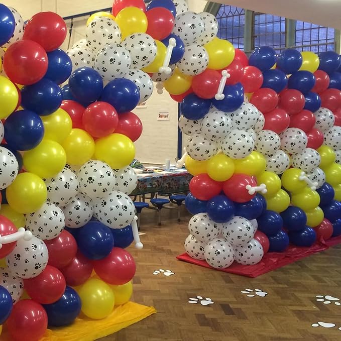 Dog Paw Balloons, 12 Inch Royal Blue Red and Yellow Balloons with White Dog Paw Print Helium Latex Balloon, Carnival Circus Balloon for Dog Themed Boys Girls Birthday Party Decoration Supplies