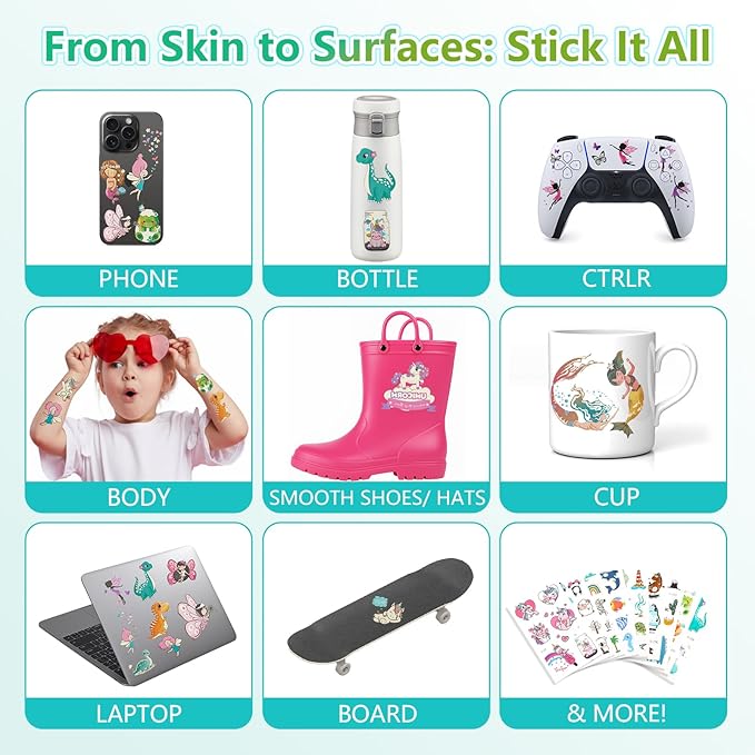 350+ Kids Themed Designs Temporary Tattoos for Girls - Individually Wrapped, Glow in the Dark, Waterproof Fake Tattoos - Multiple Themes: Mermaid, Unicorn, Dinosaur, Princess, Fairy, Animal, Butterfly