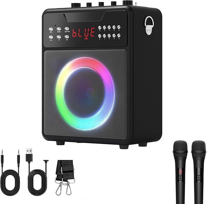Karaoke Machine with 2 Wireless Microphones, Portable Bluetooth Karaoke Speaker for Party/Meeting, Supports for Remote Control TWS USB FM REC AUX in TF Card