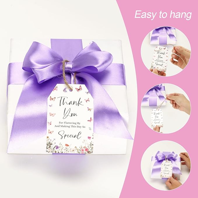 G2PLUS Butterfly Thank You Tags, 50 Pcs Thank You for Fluttering by Tags, Floral Butterflies Paper Gift Tag with String for Baby Shower, Birthday, Wedding Party Favors