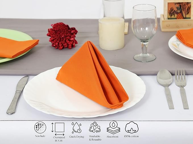 TARAN LIVING Cloth Napkins Fall Decorations Table Napkin Reusable Washable Halloween Dining Linen Cotton Cloth Napkin Christmas Hotel Home Party Decor Set of 12, 18"x18" - Orange