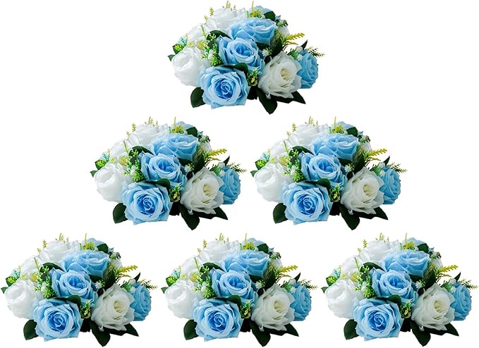 Artificial Flowers Rose Centerpieces, 6 Pcs Faux Flower Kissing Ball Fake Flower 15 Heads Plastic Roses with Base Perfect for Wedding Bouquets Party Table Decor for Flower Balls Wedding(Blue White)