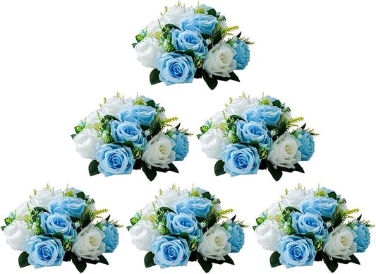 Artificial Flowers Rose Centerpieces, 6 Pcs Faux Flower Kissing Ball Fake Flower 15 Heads Plastic Roses with Base Perfect for Wedding Bouquets Party Table Decor for Flower Balls Wedding(Blue White)
